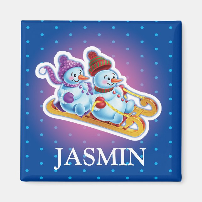 Gir'l initial snowmen sledging fridge magnet (Front)