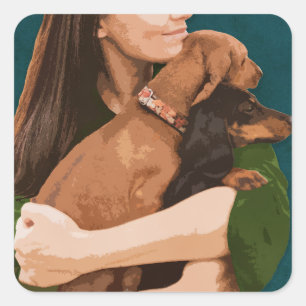 Girl is hugging two dachshunds Hug Your Dog day Square Sticker