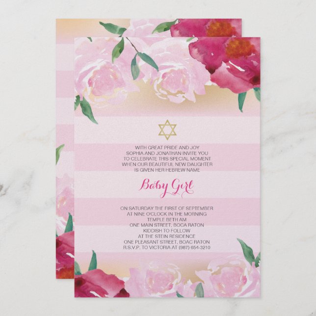 Girl Jewish Naming Day Invite - Pink Flower & Gold (Front/Back)