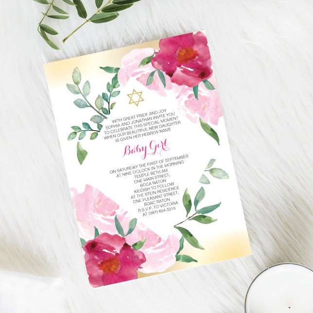 Girl Jewish Naming Day Invite - Pink Flower & Gold (Creator Uploaded)