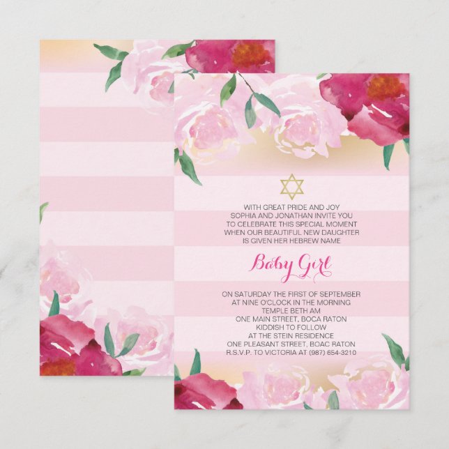 Girl Jewish Naming Day Invite - Pink Flower & Gold (Front/Back)