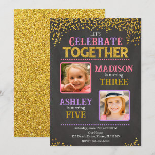 Girl Joint Siblings Birthday Party Photo Invitation