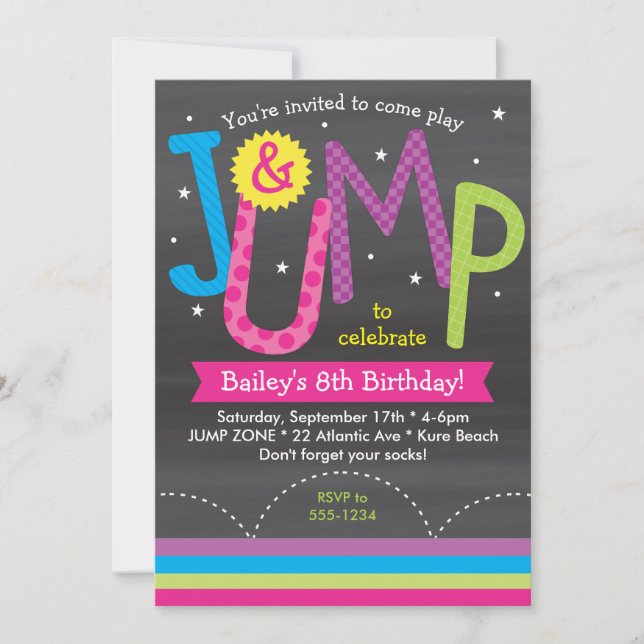 Girl Jump Birthday Party Chalkboard Pink Purple Invitation (Front)