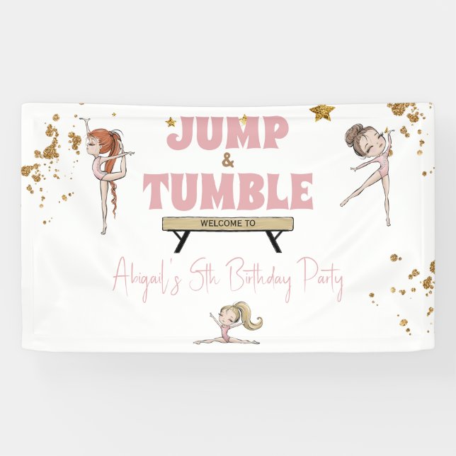  Girl Jump & Tumble Gymnastics Birthday Party Banner (Horizontal)