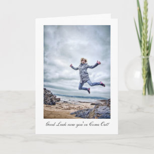 Girl Jumping For Joy - Luck with Coming Out Card
