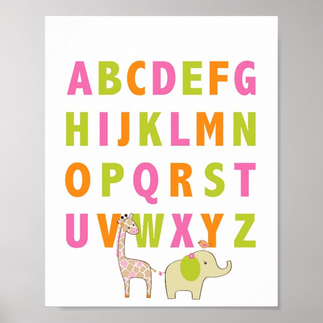 Girl Jungle Animal Alphabet Nursery Wall Art Print (Front)