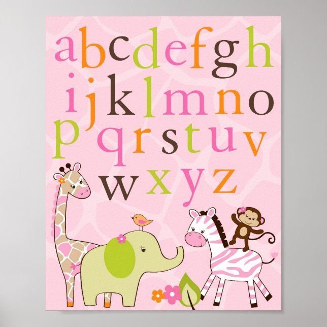 Girl Jungle Animal Alphabet Nursery Wall Art Print (Front)
