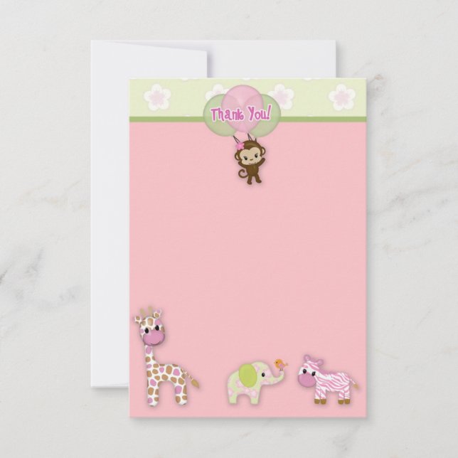 Girl Jungle Animal Baby Shower Thank You 3.5"x5" Note Card (Front)