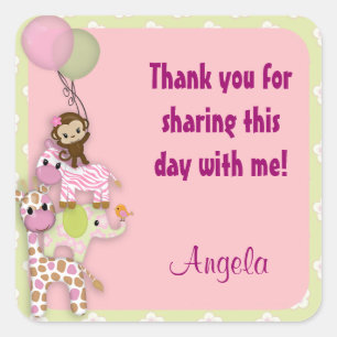 Girl Jungle Safari Animal square sticker pink JJ