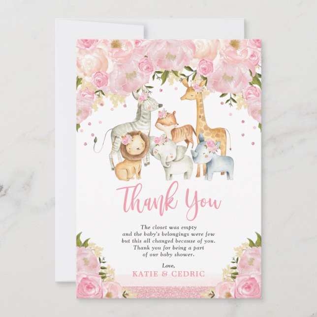 Girl Jungle Safari Animals Rose Gold Floral Baby Thank You Card (Front)