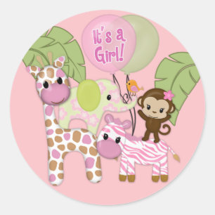 Girl Jungle Safari Baby Shower Round Sticker
