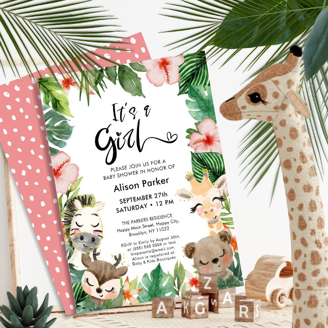 Girl Jungle Safari Tropical Greenery Baby Shower Invitation (Creator Uploaded)