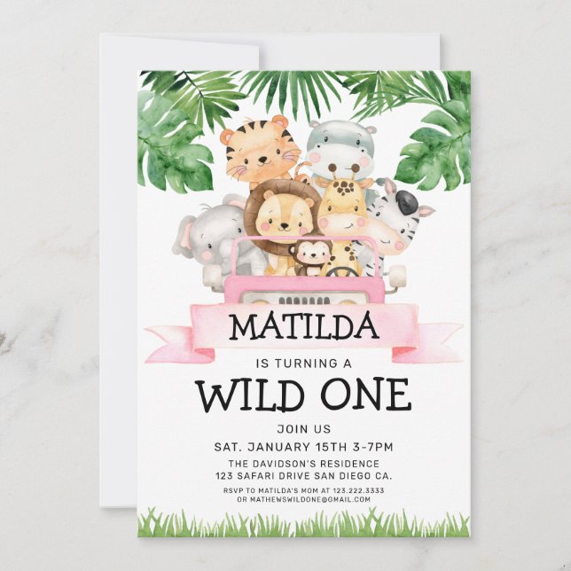 Girl Jungle Safari Wild One Birthday Invitation (Front)