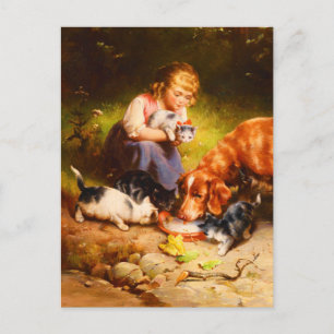 Girl Kittens and Retriever Dog Drinking Milk Holiday Postcard