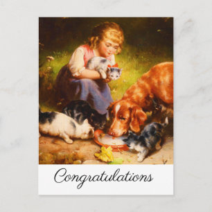 Girl Kittens and Retriever Dog Drinking Milk Postcard