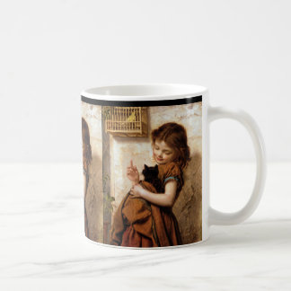 Girl, Kitty Cat & Bird - Vintage Painting Coffee Mug