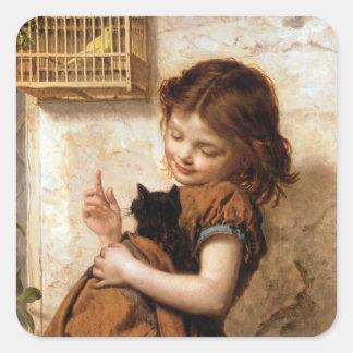 Girl, Kitty Cat & Bird - Vintage Painting Square Sticker