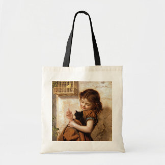 Girl, Kitty Cat & Bird - Vintage Painting Tote Bag