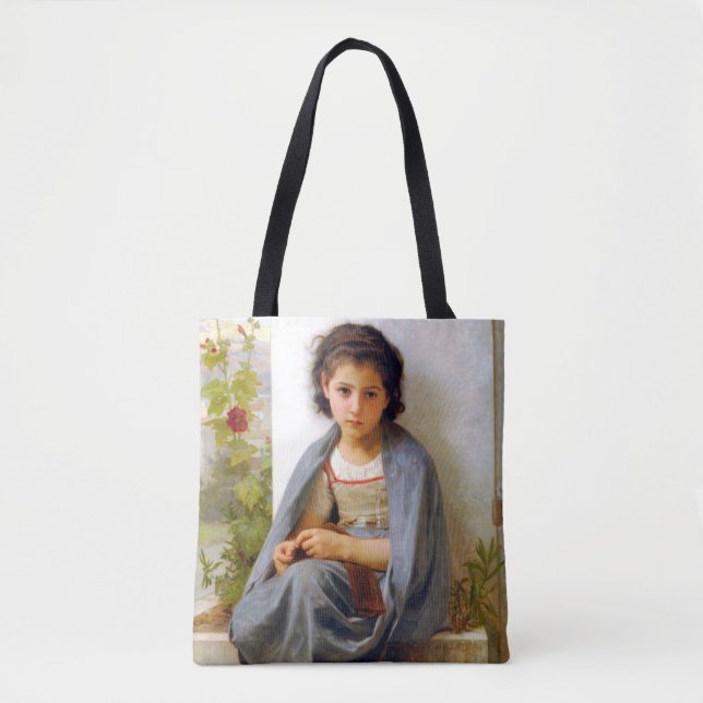 Girl Knitting, Bouguereau Tote Bag (Front)
