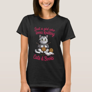 Girl Knitting Cats Books Sewing Crocheting Knitter T-Shirt