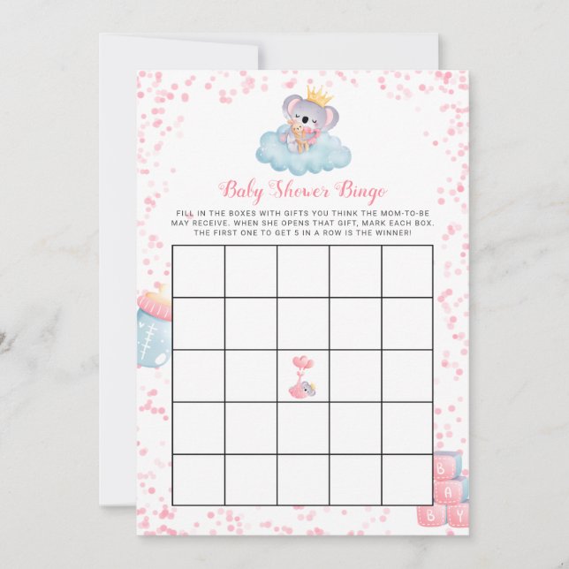 Girl Koala Bear Baby Shower Bingo Card (Front)