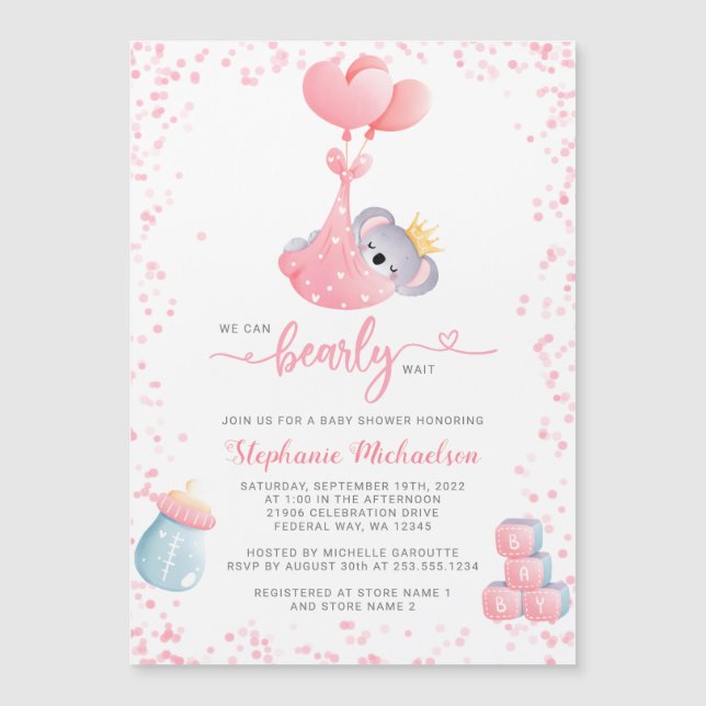 Girl Koala Bear Baby Shower Invitation Magnet (Front)
