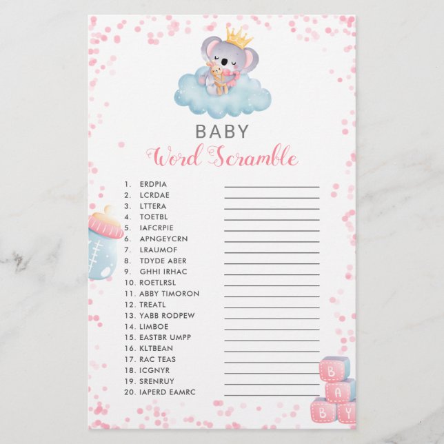Girl Koala Bear Baby Word Scramble Shower Game (Front)