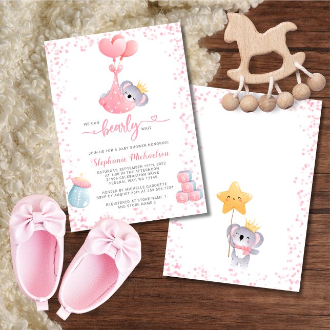 Girl Koala Bear We Can Bearly Wait Baby Shower Invitation (Girl Koala Bear We Can Bearly Wait Baby Shower Invitation)