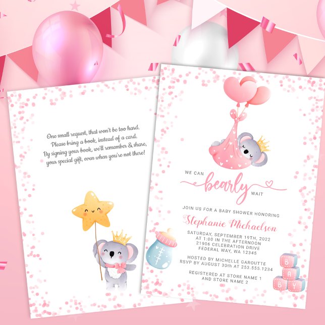 Girl Koala Bear with Book Request Baby Shower Invitation (Girl Koala Bear with Book Request Baby Shower Invitation)