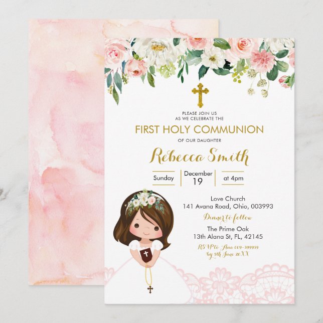 Girl Lace Floral Pink First Communion Invitation (Front/Back)