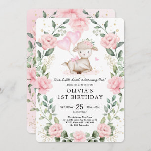 Girl Lamb Baby Sheep Blush Floral 1st Birthday Invitation