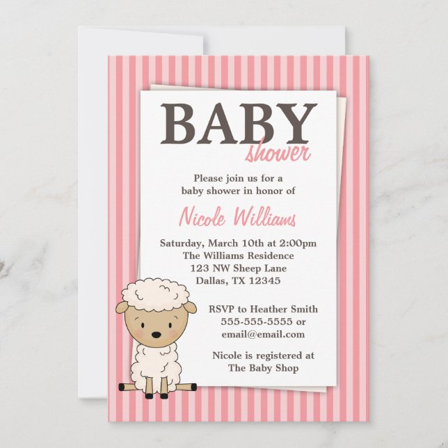 Girl Lamb Baby Shower Pink Stripe Invitations (Front)