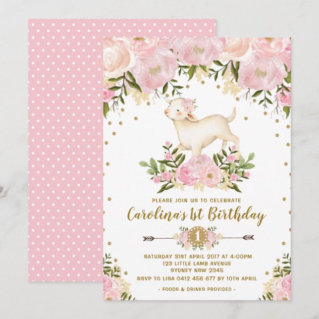 Girl Lamb Birthday Invitation Pink Floral Farm (Front/Back)
