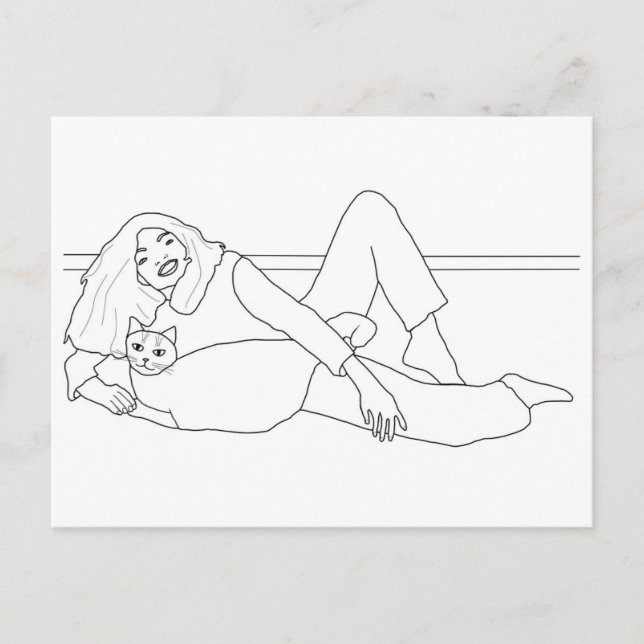 Girl laying by cat, colouring postcards (Front)