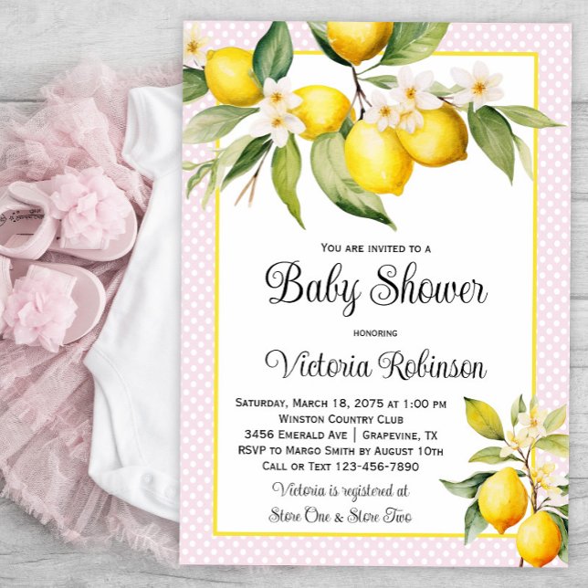 Girl Lemon Baby Shower Invitation (Girl lemon baby shower invitations with pretty lemons on a baby pink dot background.)