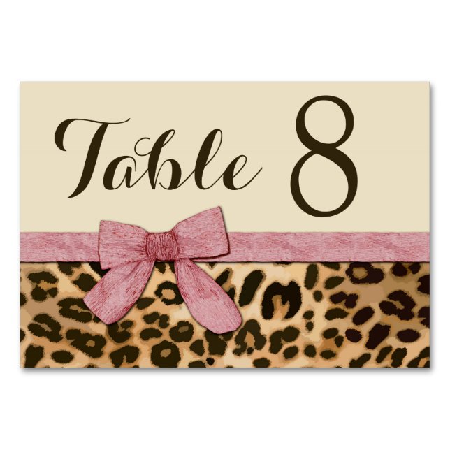 Girl Leopard Print Baby Pink Bow Table Number (Front)