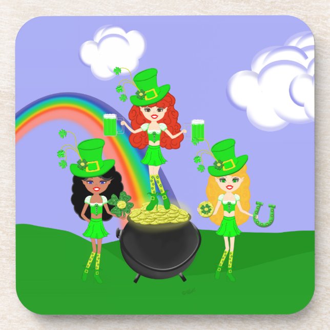 Girl Leprechauns Rainbow and Pot of Gold Coaster (Front)