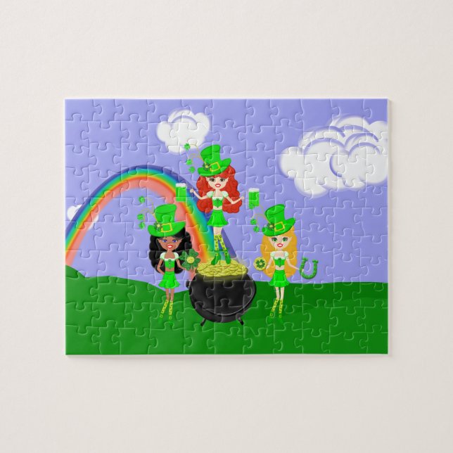 Girl Leprechauns Rainbow and Pot of Gold Jigsaw Puzzle (Horizontal)