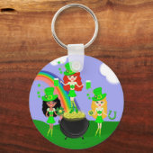 Girl Leprechauns Rainbow and Pot of Gold Key Ring (Front)