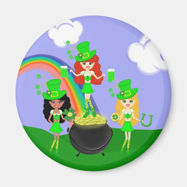 Girl Leprechauns Rainbow and Pot of Gold Magnet (Front)