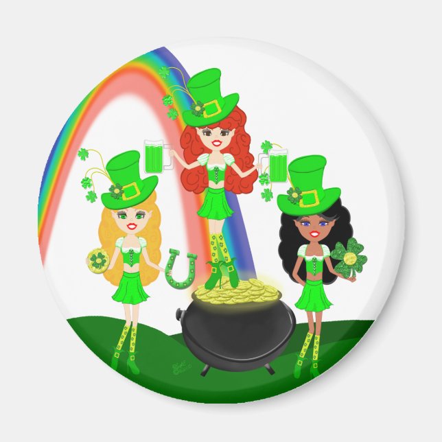 Girl Leprechauns Rainbow and Pot of Gold Magnet (Front)