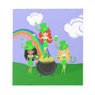 Girl Leprechauns Rainbow and Pot of Gold Notepad