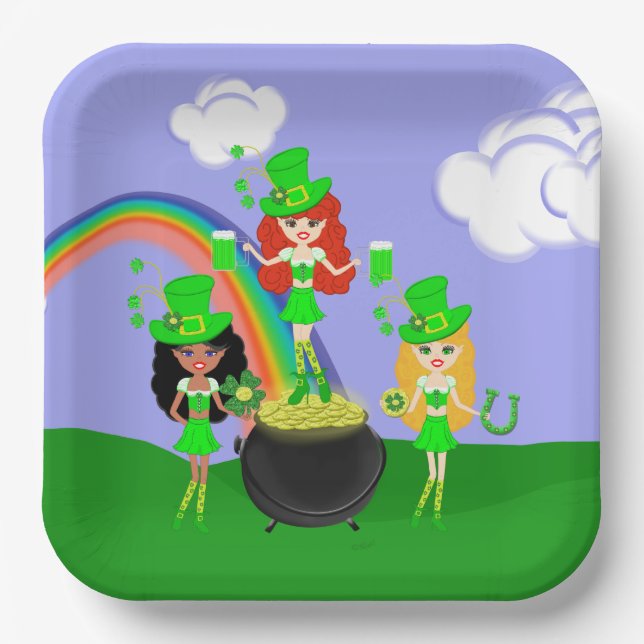 Girl Leprechauns Rainbow and Pot of Gold Paper Plate (Front)