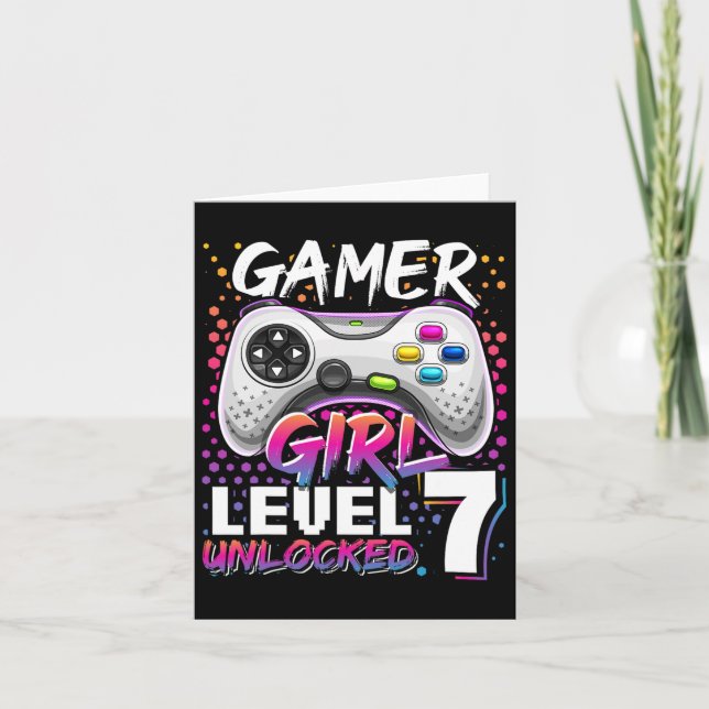 Girl Level 7 Unlocked Video Game 7th Birthday Gift Card (Front)
