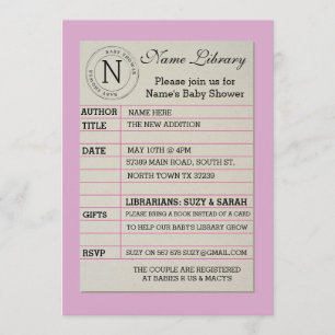 Girl Library Card Baby Shower Pink Invitation