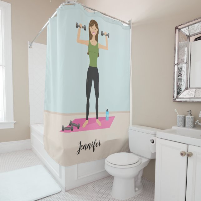 Girl Lifting Weights Illustration & Custom Name Shower Curtain (In Situ)