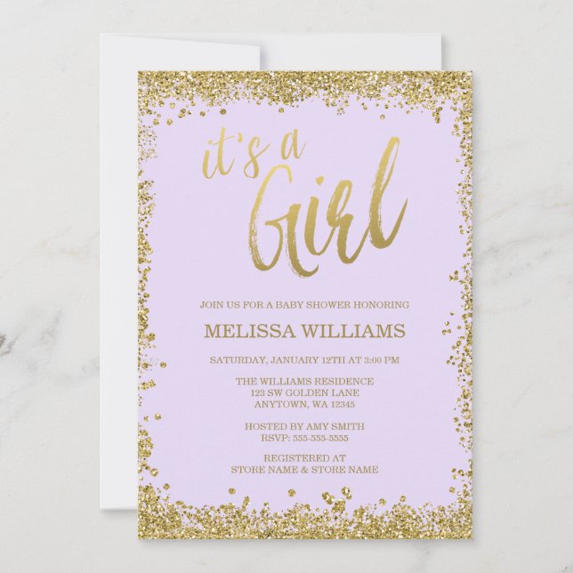 Girl Lilac Purple Faux Gold Glitter Baby Shower Invitation (Front)