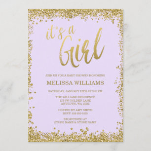 Girl Lilac Purple Faux Gold Glitter Baby Shower Invitation