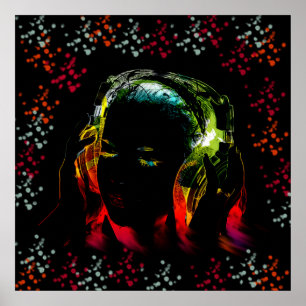 Girl Listening Music Headphones Neon Colors Gifts Poster