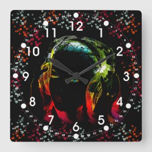 Girl Listening Music Headphones Neon Colours Gifts Square Wall Clock